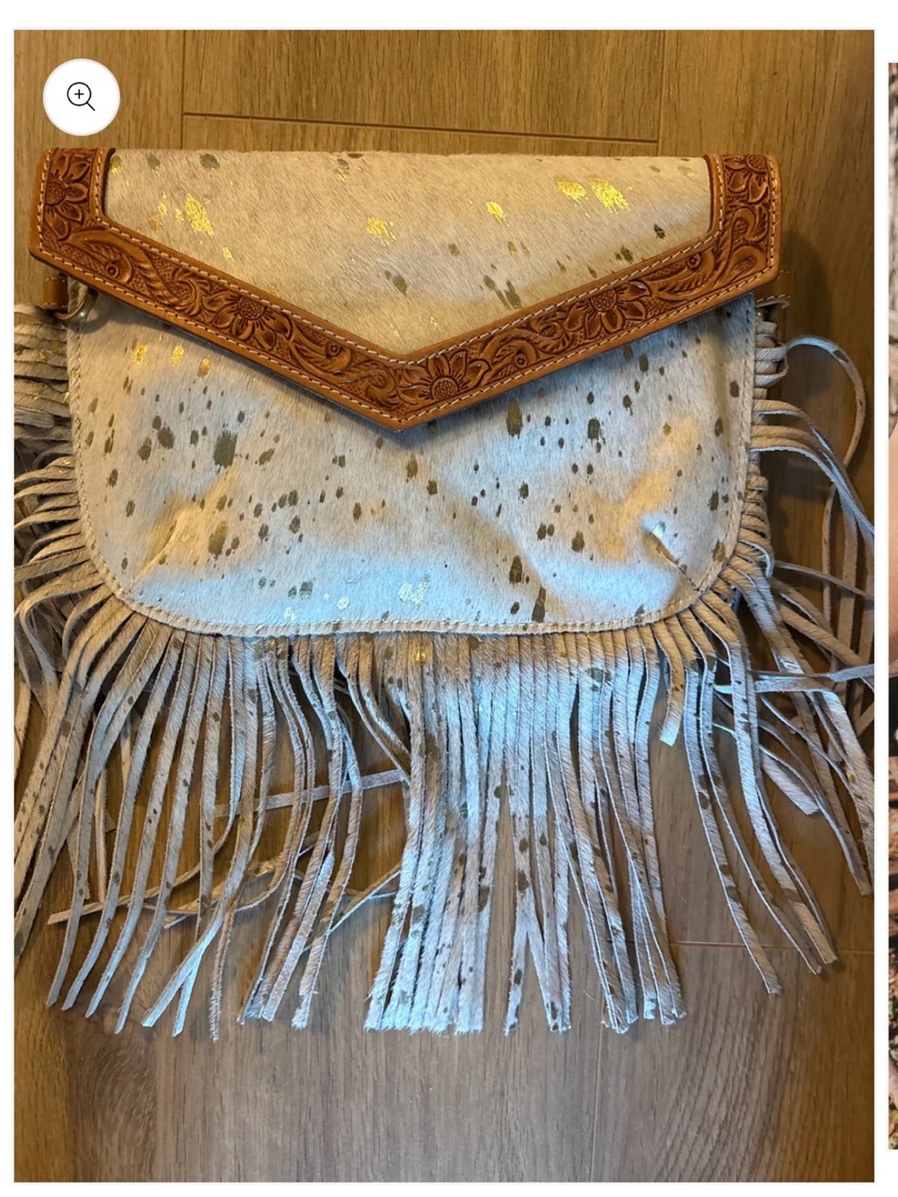 Fringe Cowhide Crossbody Bag with Tooled Leather Trim - Cream with Gold Speckle